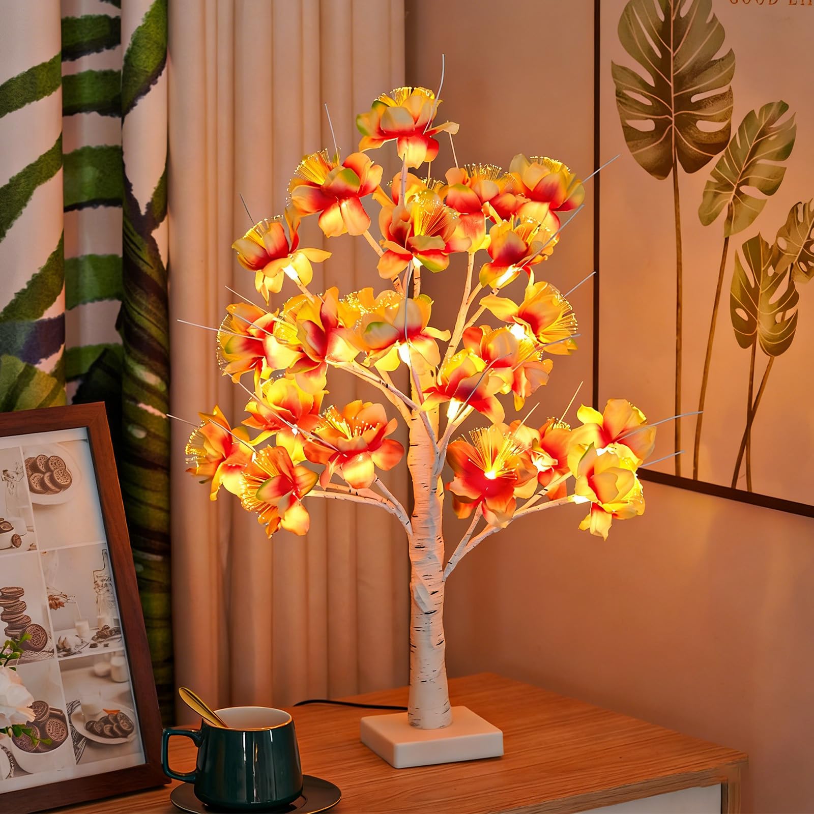 CutitiUU LED White Birch Tree Lights with Simulated Night-Blooming Jasmine Decorative Lamps,LED Tree Lights Tree Lamps for Living Room Cute Night Light for House Christmas Decor,Battery and USB (Pink)