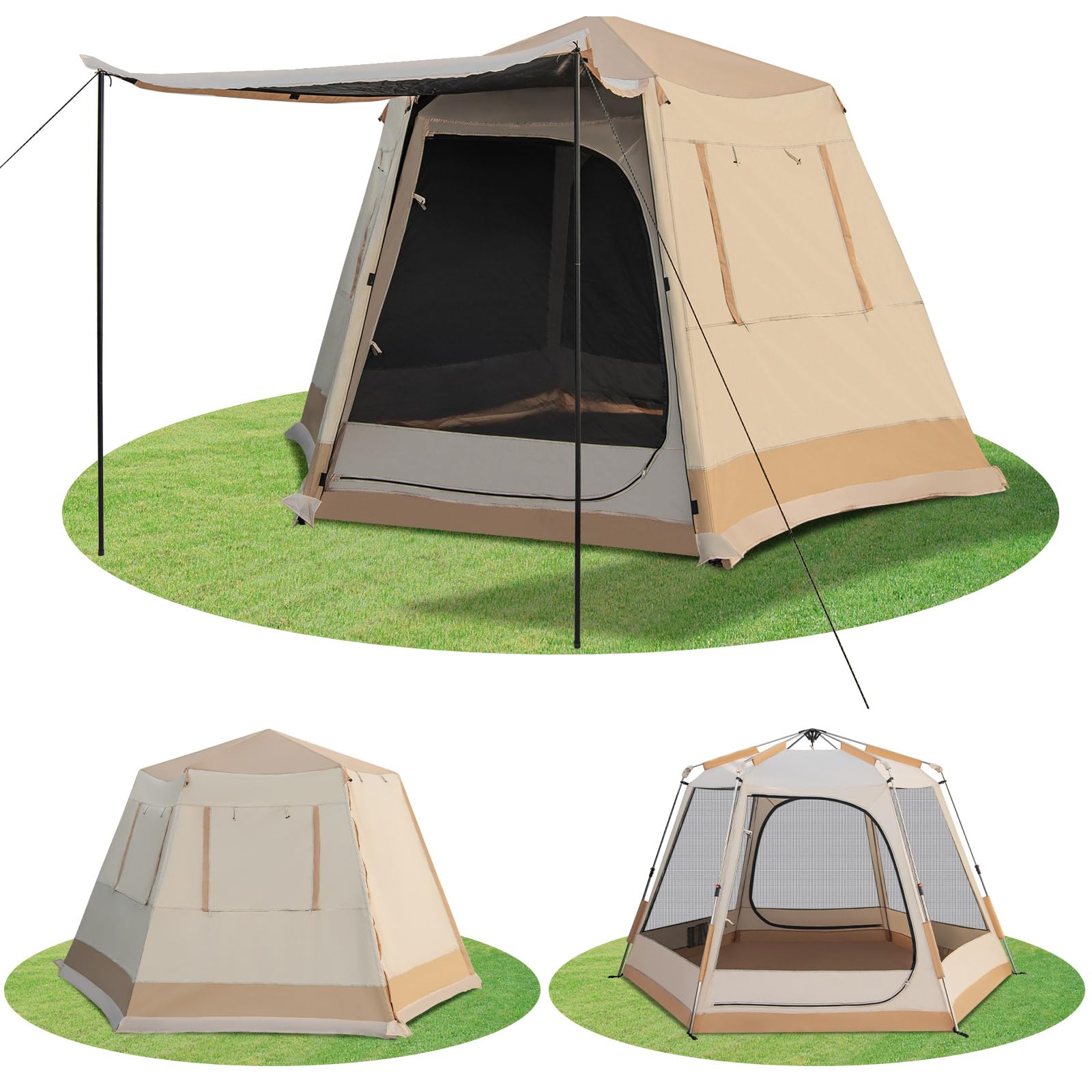 GYMAX Tente de Camping Pop-up avec Pare-Soleil pour 4-6 Personnes, Moustiquaire à 6 Côtés, 2 Entrées, Ouverture à Fermetures Éclair Doubles, 330 x 270 x 200 cm