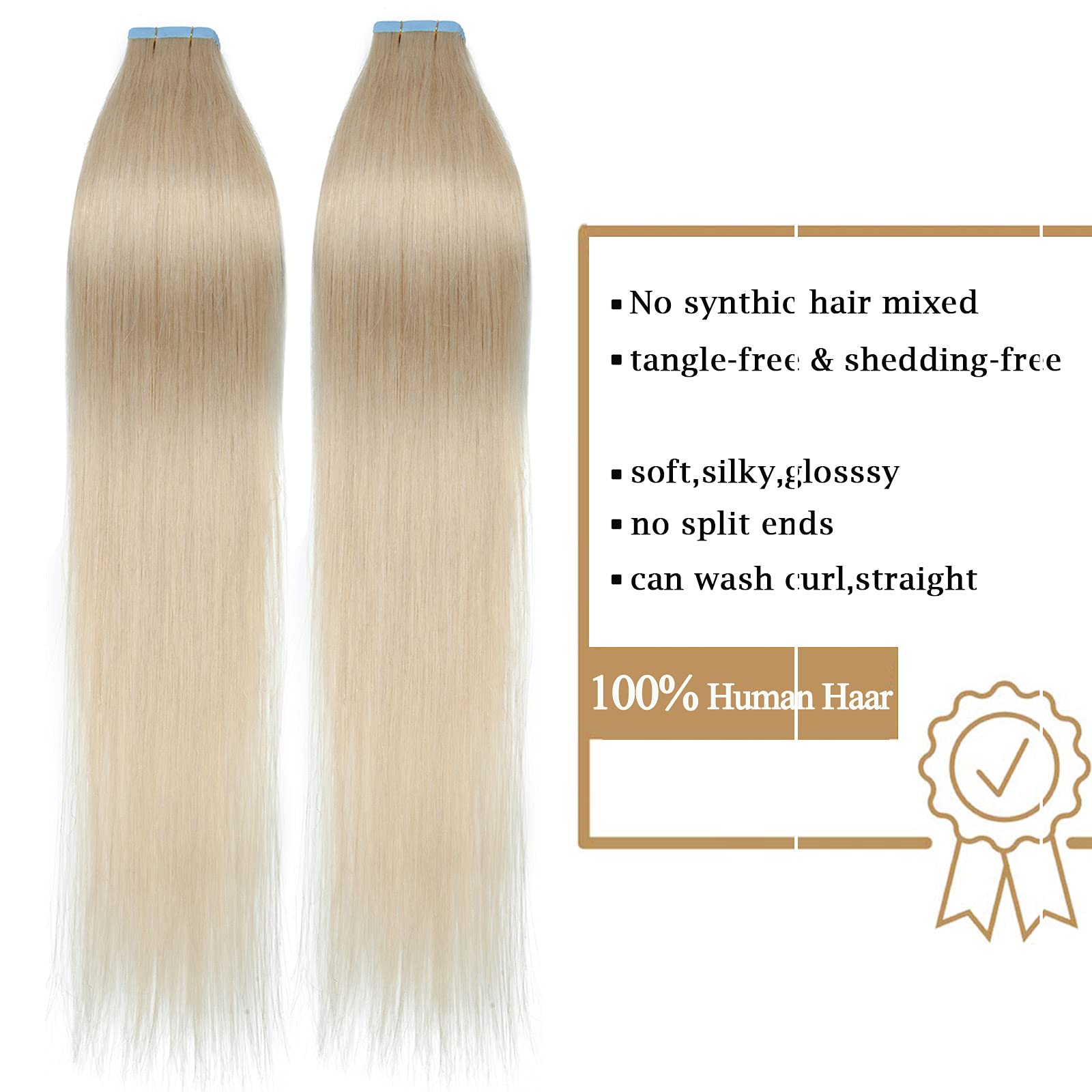 SEGO Extension Adhesive Cheveux Naturel Blonde - Bande Adhesive Extension Cheveux Adhesifs - Extension Cheveux Humain Adhesive - 40cm (40Pcs) 60#Blond Platine 100g (2.5g/Pièces)