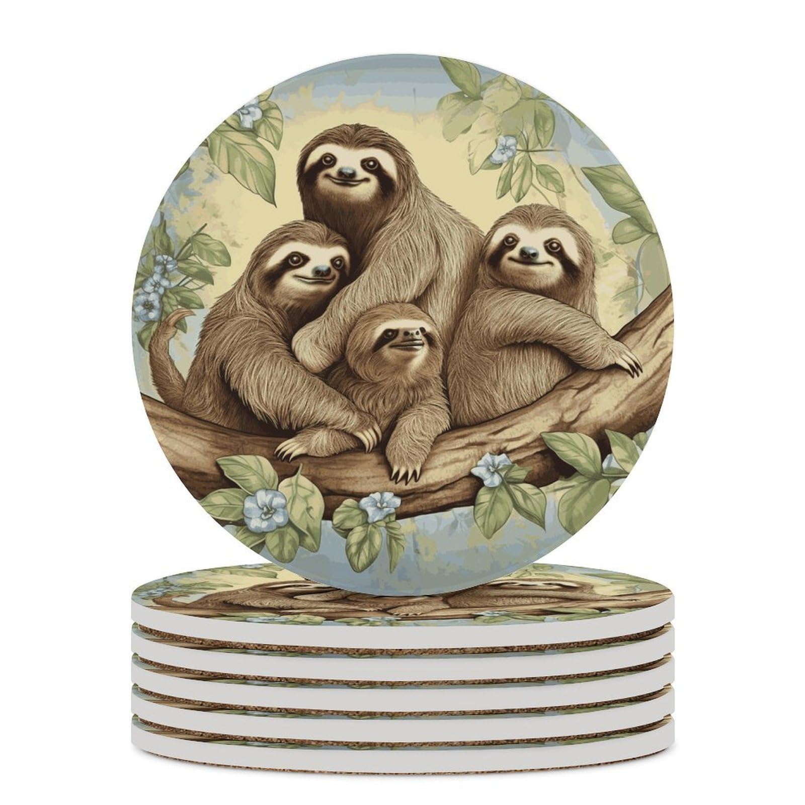 Sloth Family Coaster with Cork Base Drink Coasters for Coffee Table Decor Modern Cup Coasters with Non-Slip & Heat-Resistant Cute Ceramic Table Coaster for Home Dining