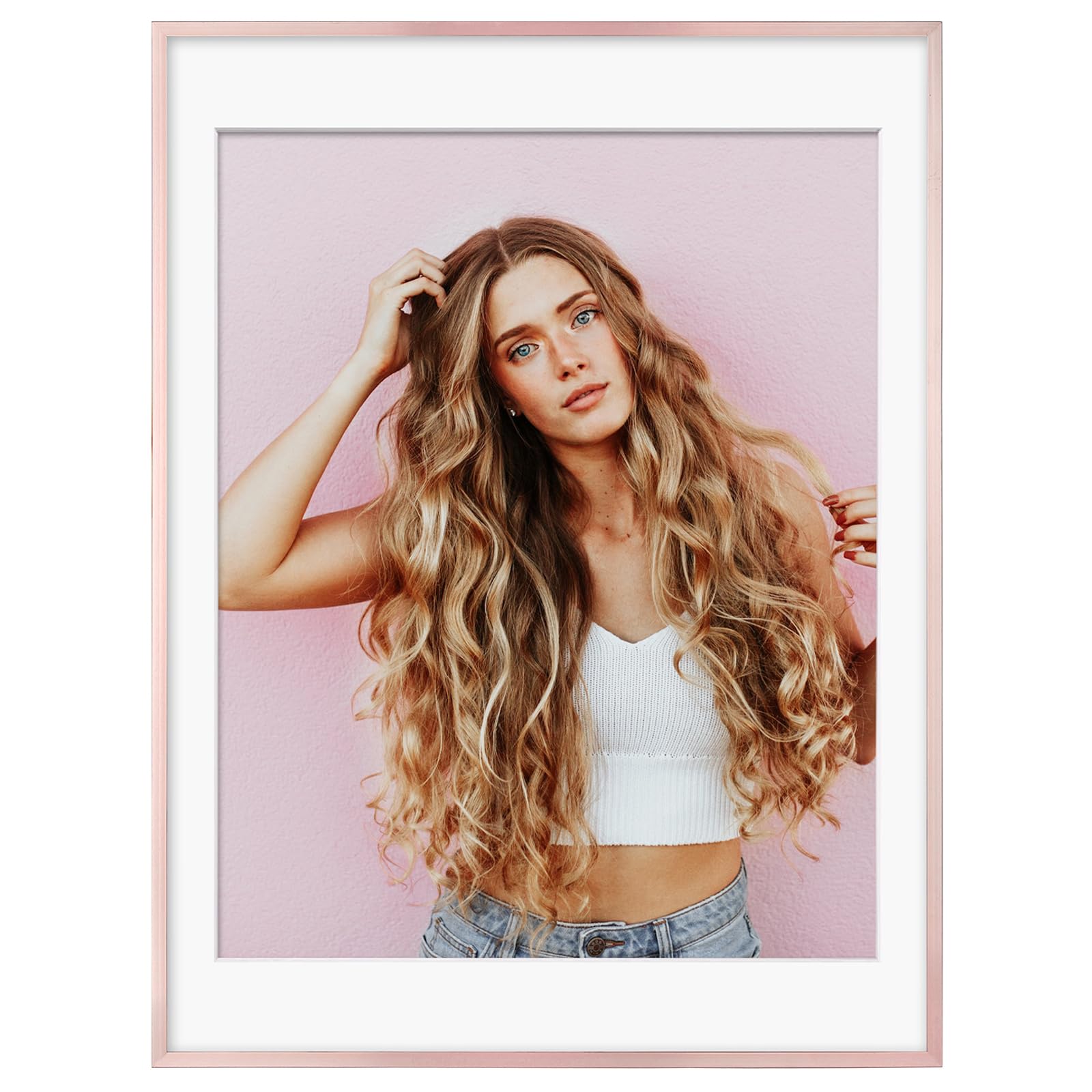 Egofine 18x24 Aluminum Picture Frame Display with Mat for 16x20 or 18x24 without Mat, Metal Poster Frame Covered by Plexiglass for Wall Mounting, 1 Pack, Rose Gold