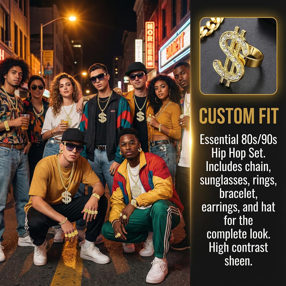 Costume de hip-hop, accessoires de déguisement de rappeur des années 90 avec faux signe de dollar doré disco, collier, bracelet, bagues, boucles d'oreilles, lunettes de soleil et boîte radio gonflable