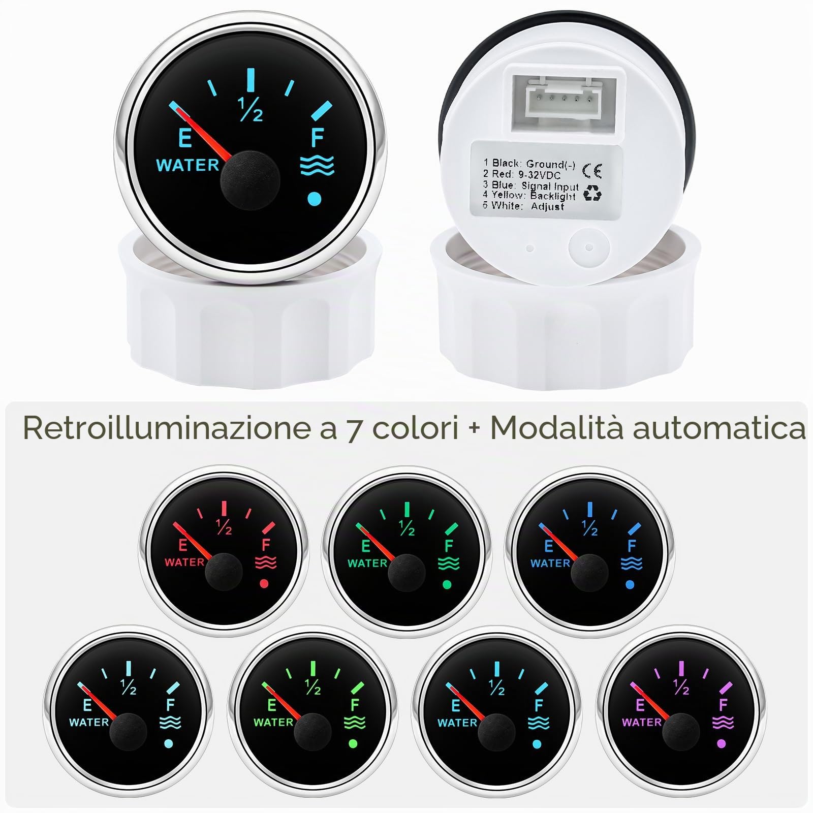 Barca a vela marina 52 mm (2 '') Indicatore del livello dell'acqua con retroilluminazione a 7 colori 12 V 24 V con 200 mm Sensore di invio livello acqua/carburante