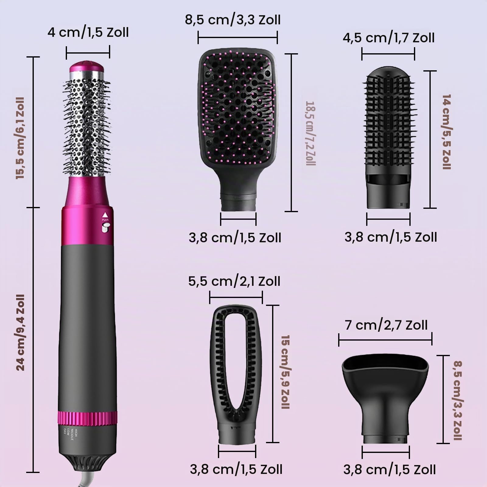 5-in-1 Warmluftbürste-Föhnbürste Set mit Negativerionen-Technologie - Warmluftbürste für Trocknen, Glätten, Locken und Styling - Austauschbare Volumizer-Bürste