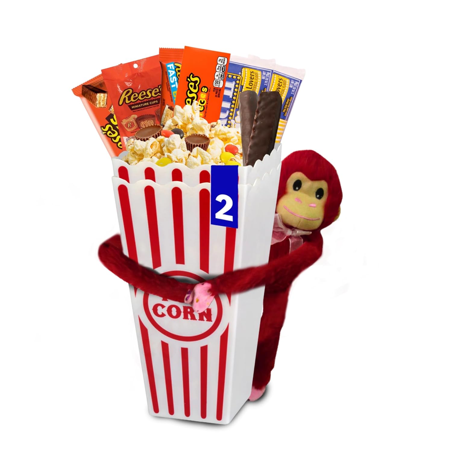 Movie Night Popcorn & Candy Gift Basket - Plush Monkey Around Basket - Perfect Valentine’s Day Treat for a Cozy, Fun Evening at Home or the Theater with Loved Ones (Peanut Butter Style)