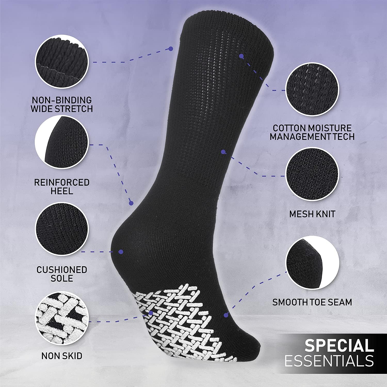 Special Essentials 6 Pairs Men's Cotton Non Slip Diabetic Crew Socks Black 10-13 : Health & Household