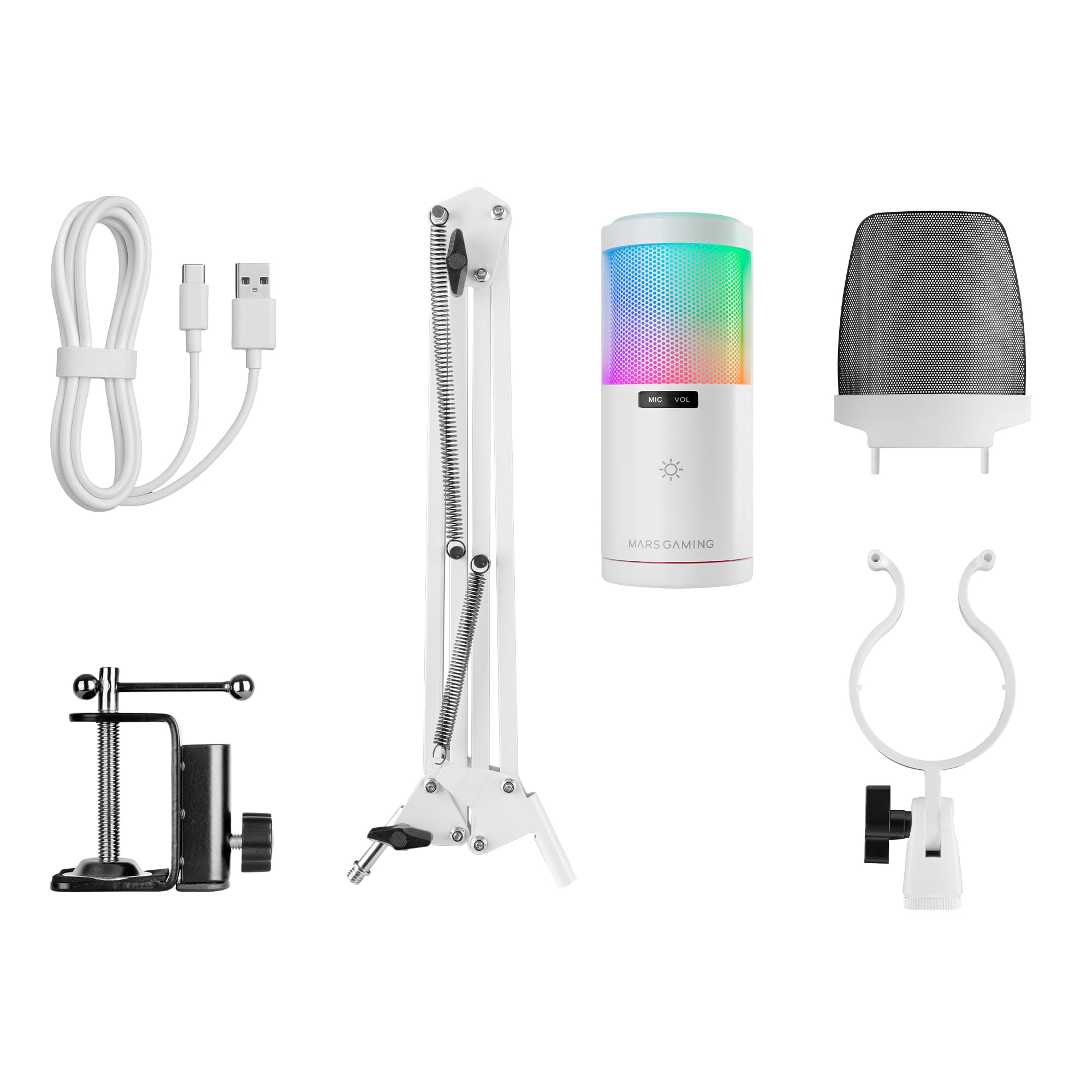 Mars Gaming MMIC-SE, Professional ARGB Studio Microphone, Ultra High Definition ADC 196kHz 24-bit, Anti-Shock Mount Metal Mesh Pop Filter, Volume Control and Damping, White