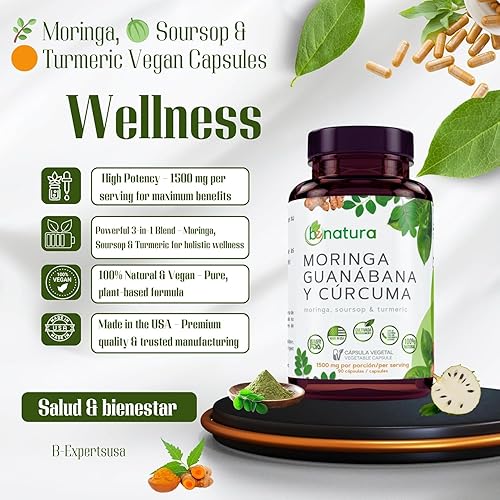 Miniatura 7 de Guanábana Hoja Seca Té (té de hojas de guanábana seca) Combo, bolsa de 4 onzas + moringa, guanábana y cúrcuma (cúrcuma), 90 cápsulas cultivadas