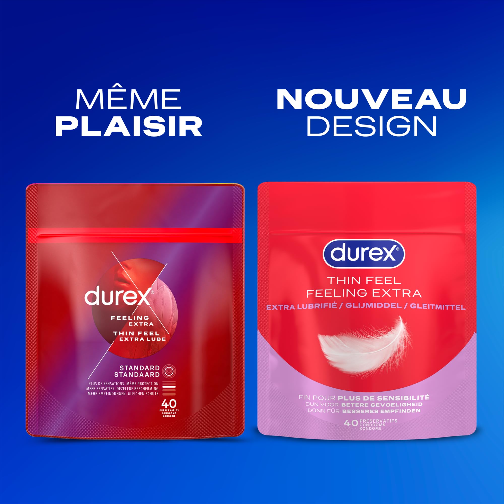 Durex Préservatifs Feeling Extra - 40 Préservatifs Fins et Extra Lubrifiés - Taille Standard