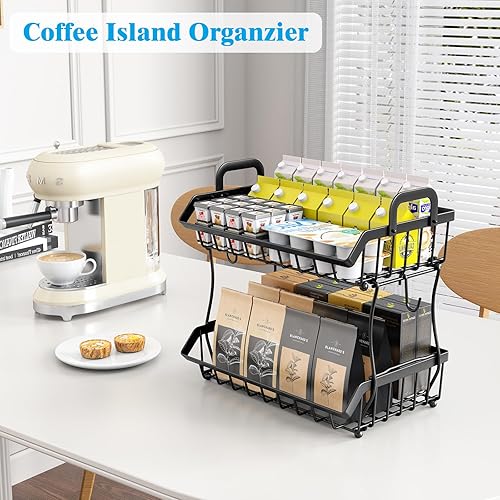 Miniatura 7 de Cesta de frutas de 2 niveles para cocina, soporte de frutero de encimera, cesta de almacenamiento de verduras con 2 ganchos para plátanos, cesta