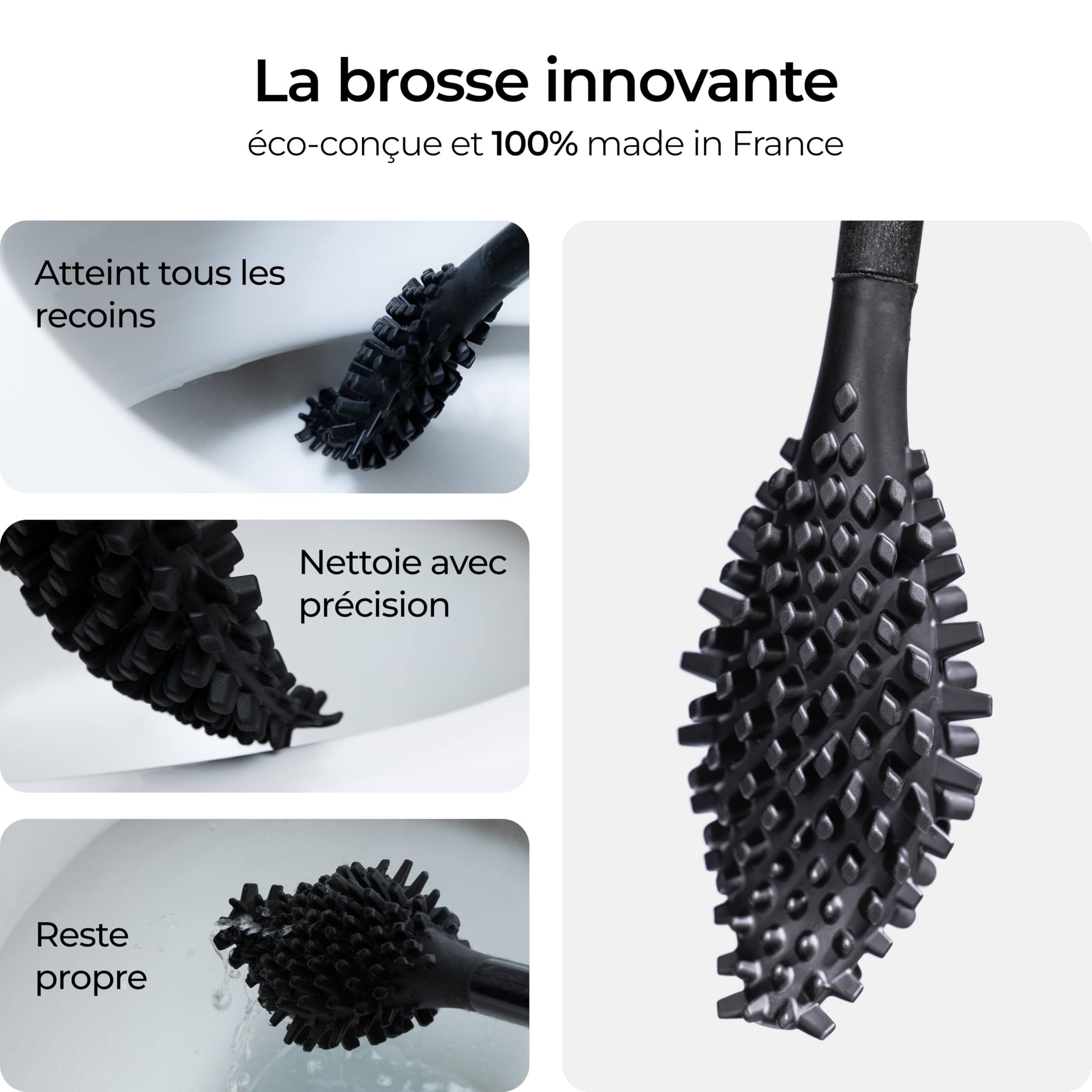 Biom Paris – Brosse WC Innovante Hygiénique sans Poils avec Support – Brosse Toilette Anti-Goutte, Antibactérienne - Balai WC Design, Reste Propre – 100% Fabriqué en France