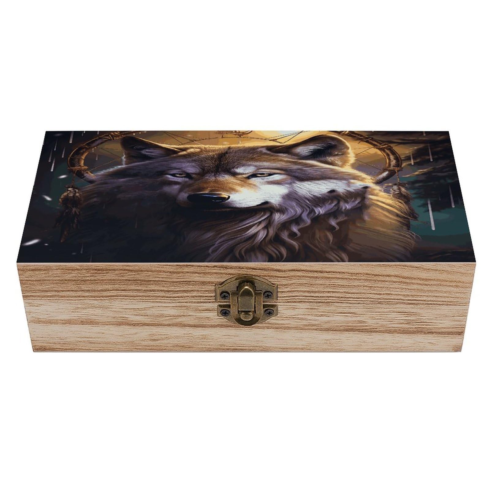 VstaDank Wolves And Dream Catchers Wooden Storage Box Wooden Keepsake Box with A Hinged Lid Fashion Memory Treasure Boxes Decorative Jewelry Case for Crafts Photo Home Decor Wood Gift Box