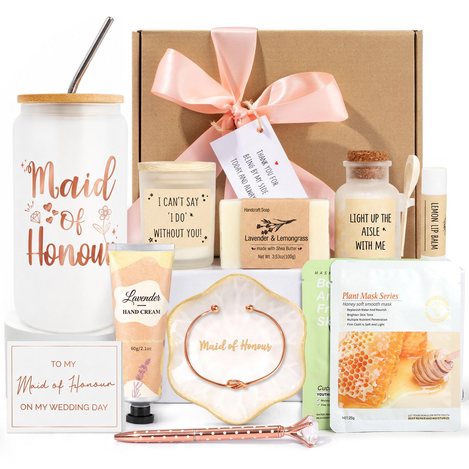 Frerdui 12 PCS Maid of Honour Gifts, Maid of Honour Proposal Box Set, Bridesmaid Proposal Gifts, Wedding Party Spa Self Care Gift Box with Glass Cup, Candle & Card