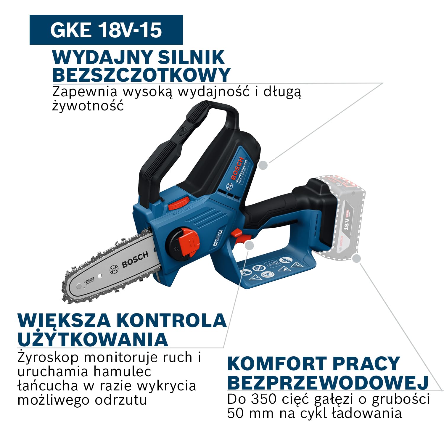 Bosch Professional 18V System Piła do gałęzi GKE 18V-15 (do 350 cięć na cykl ładowania, cięcia o grubości do 13 cm, silnik bezszczotkowy, osłona 15 cm, bez akumulatora)