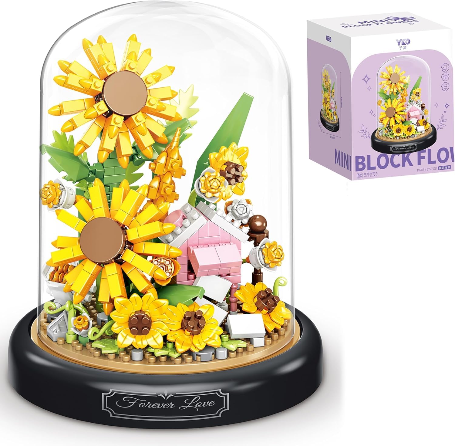 Flower Bouquet Building Block Set, DIY Artificial Flowers Building Kit with Dust Cover