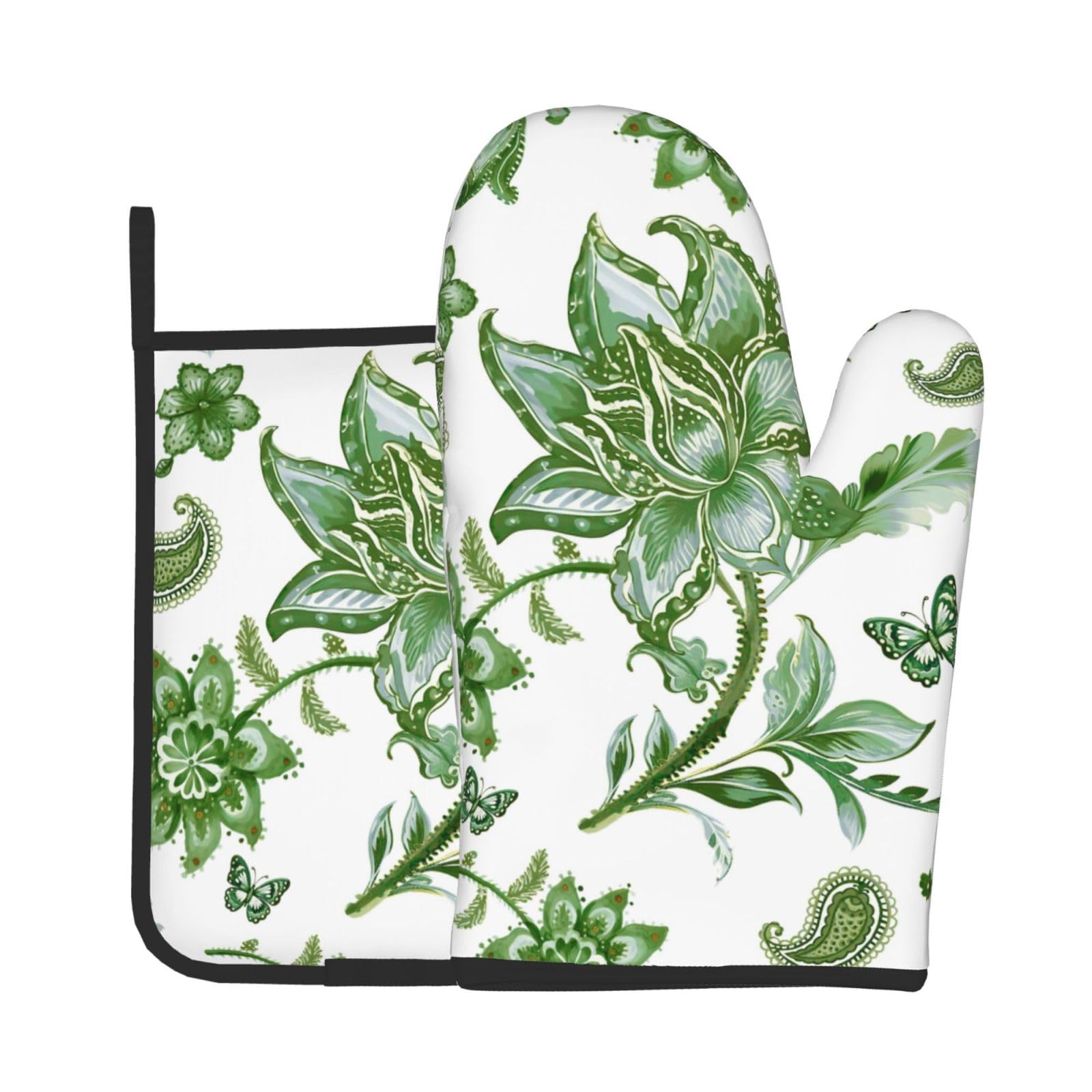 Green Floral Oven Mitts and Pot Holders Sets - White Farmhouse Kitchen Mitts Potholders 2 Pack Heat Resistant Vintage Botanical Oven Gloves Hot Pads for Kitchen Baking Grilling Party
