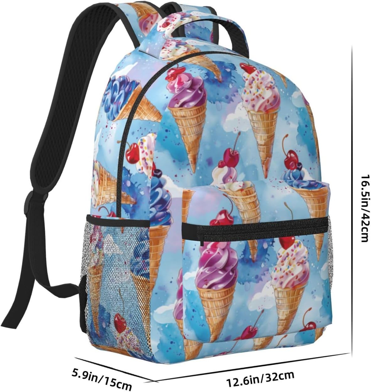 Fun Ice Cream Backpack, Travel School Laptop Polyester Playful Watercolor Backpacks for Women Kids, Work Sports Back Pack Casual Daypack, Lightweight Rucksack Gifts for Gym Camping Hiking