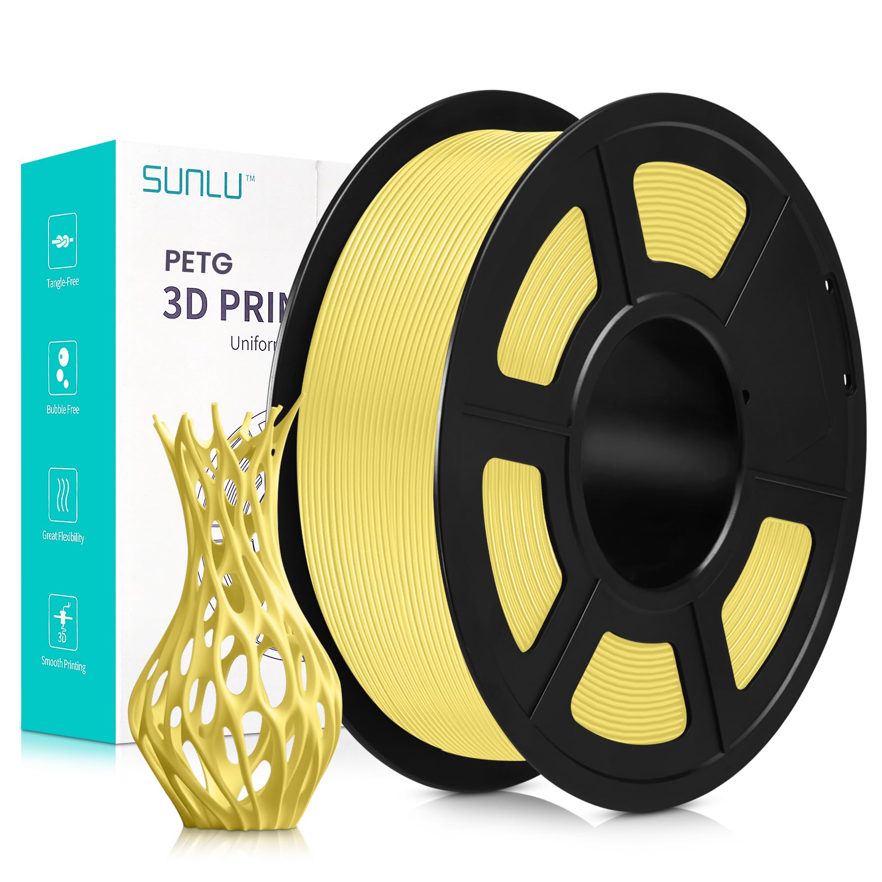 SUNLU Filamento PETG 1,75 mm, Neatly Wound Filamento PETG per Stampante 3D Precisione Dimensione +/- 0,02 mm, Forte e Durevole Filamento PETG per Stampa 3D, Bobina da 1kg (2,2 lbs), PETG Giallo Limone