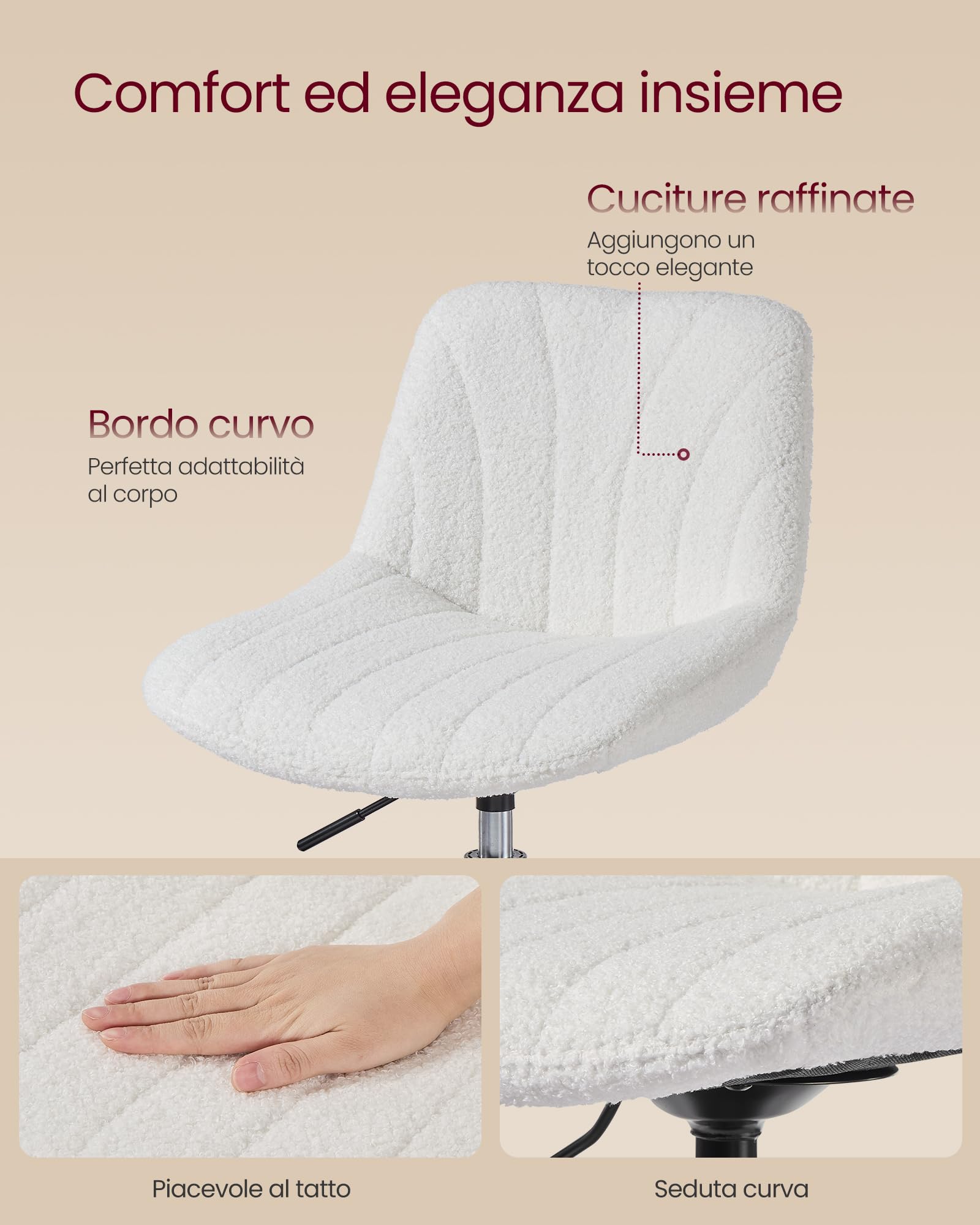 VASAGLE Sgabello da Trucco, Schienale, Sedia da Toeletta Regolabile in Altezza, Girevole a 360°, Camera da Letto Sala da Pranzo Postazione Trucco, Tessuto Peluche, Bianco Crema LJB160WD01