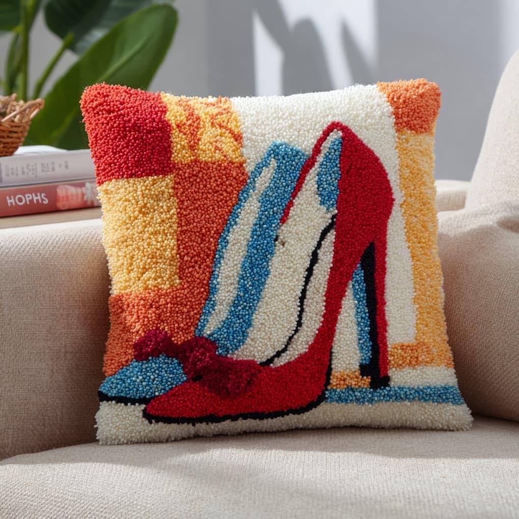 WallustrioaW Latch Hook Pillowcase Kits 17x17in,Bow high Heels