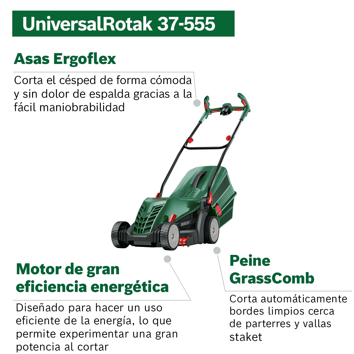 Bosch cortacésped con cable UniversalRotak 37-555 (1400 W de potencia del motor, ancho de corte: 37 cm, cesta colectora de 40 litros, asas Ergoflex)