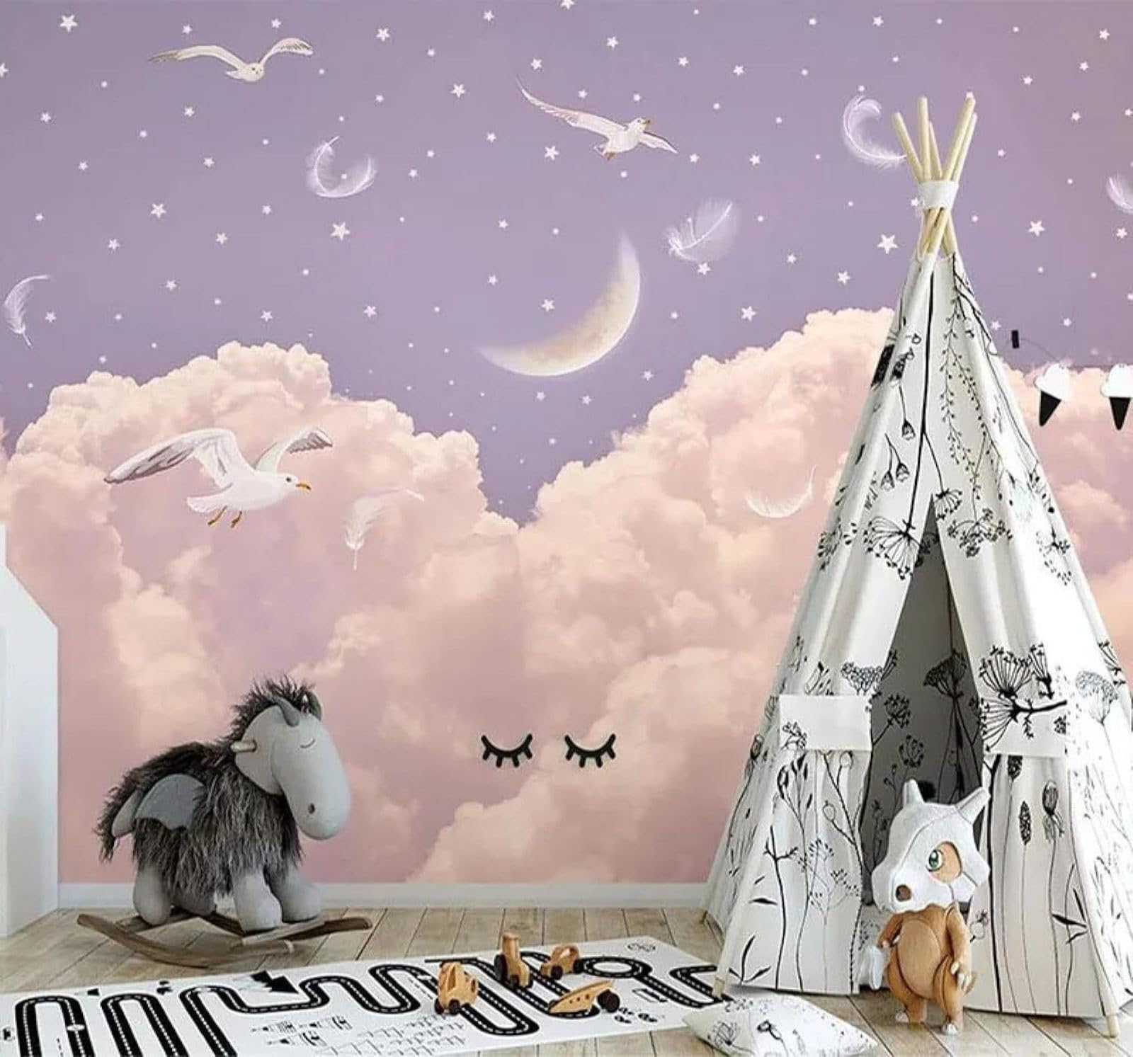 XLMING Hand Drawn Pink Clouds Feathers Starry Sky 3D Wallpaper Luxury Silk Study Dining Feature Sofa Grey Bedroom Living Room Tv Decorative Wall-200cm×140cm