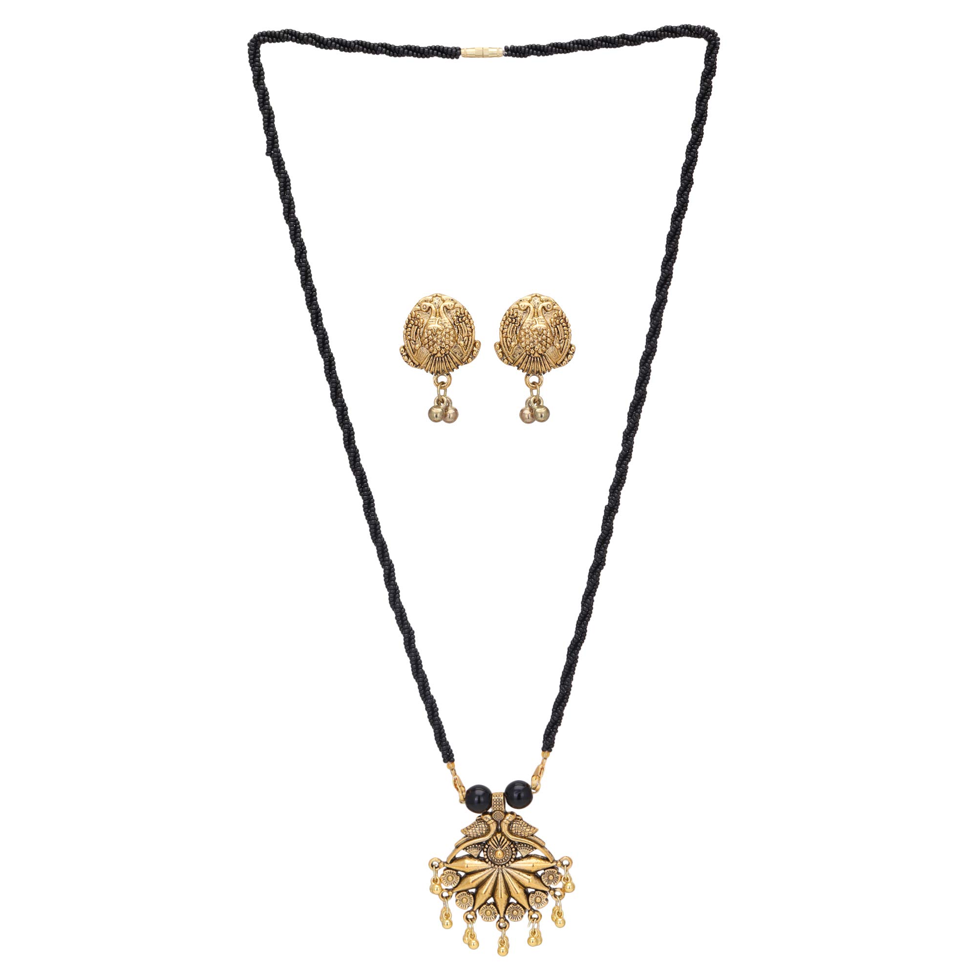 Antique Gold Polish CZ Stone Traditional Wedding Mangalsutra Necklace/Chain and Earrings Combo for Women by Shreyadzines