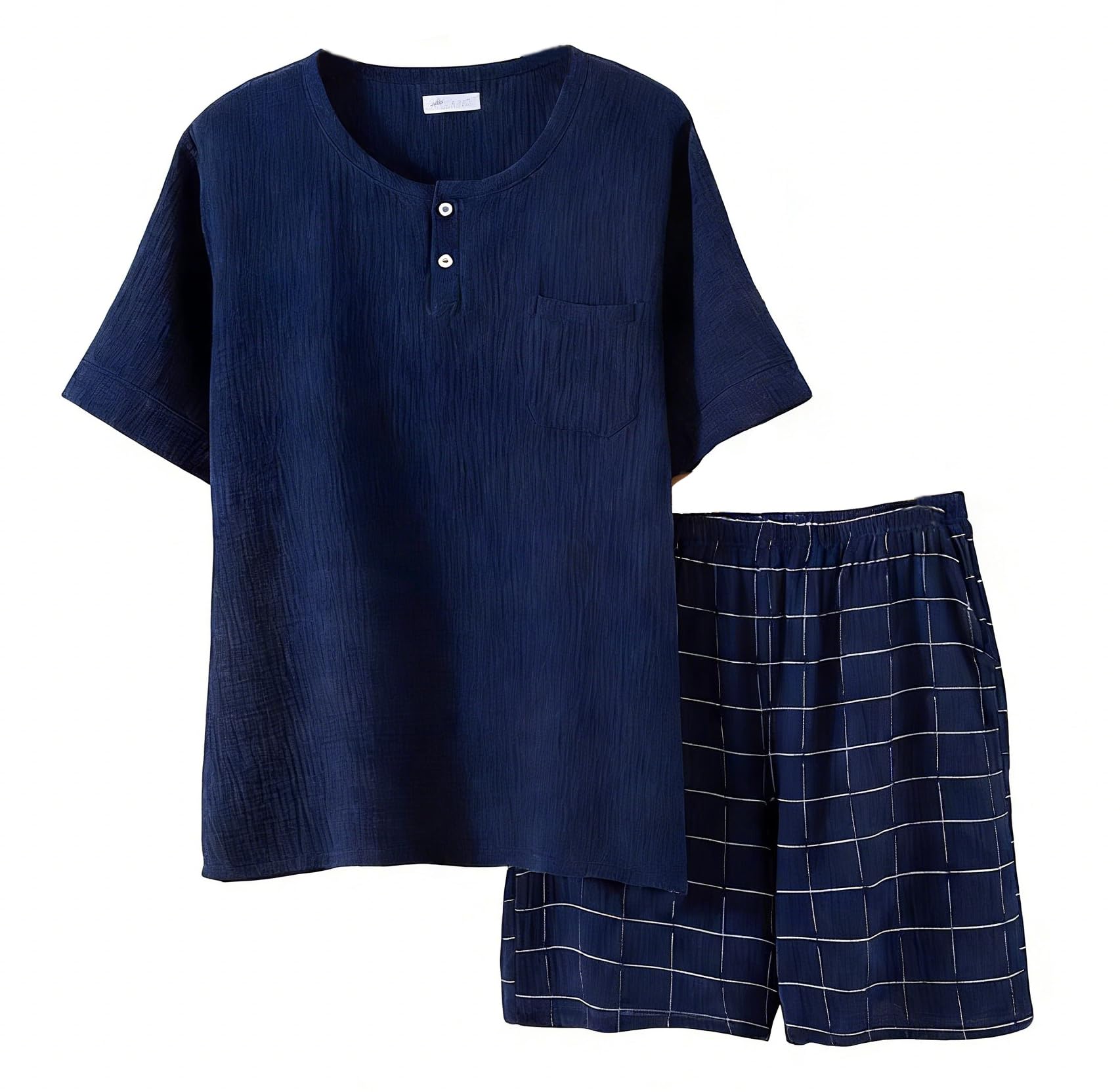 Ensemble Pyjama pour Hommes – Pyjama à Manches Courtes à 3 Boutons et Short de détente, vêtements de Nuit 2 pièces en crêpe et Gaze de Coton