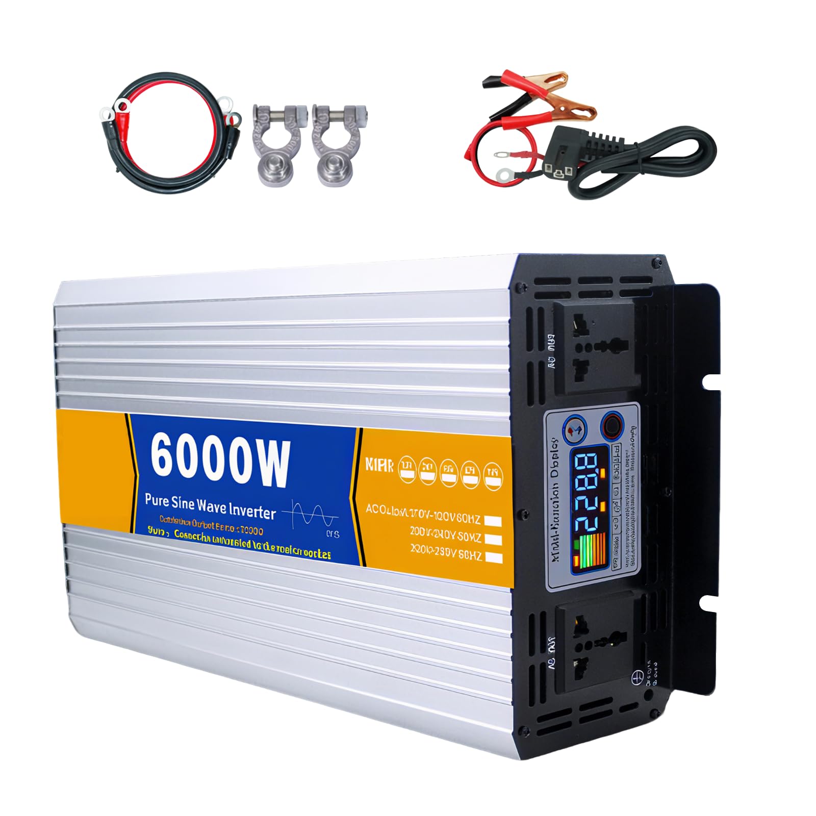 Falownik 6000 W, czysta fala sinusoidalna, 12 V/24 V/48 V/60 V/72 V DC do 110 V/220 V AC, falownik samochodowy z gniazdami AC, inteligentny kolorowy ekran do kempingu 48V-220V