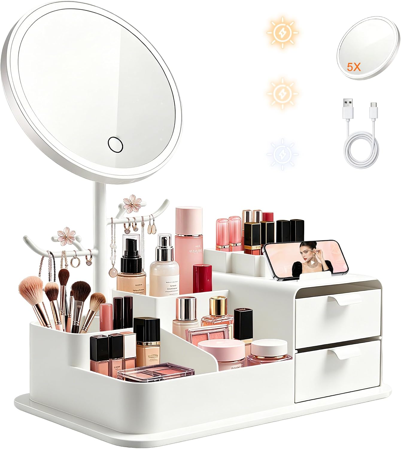 Makeup Mirror Organizer with Drawers Skincare Organizer (White)