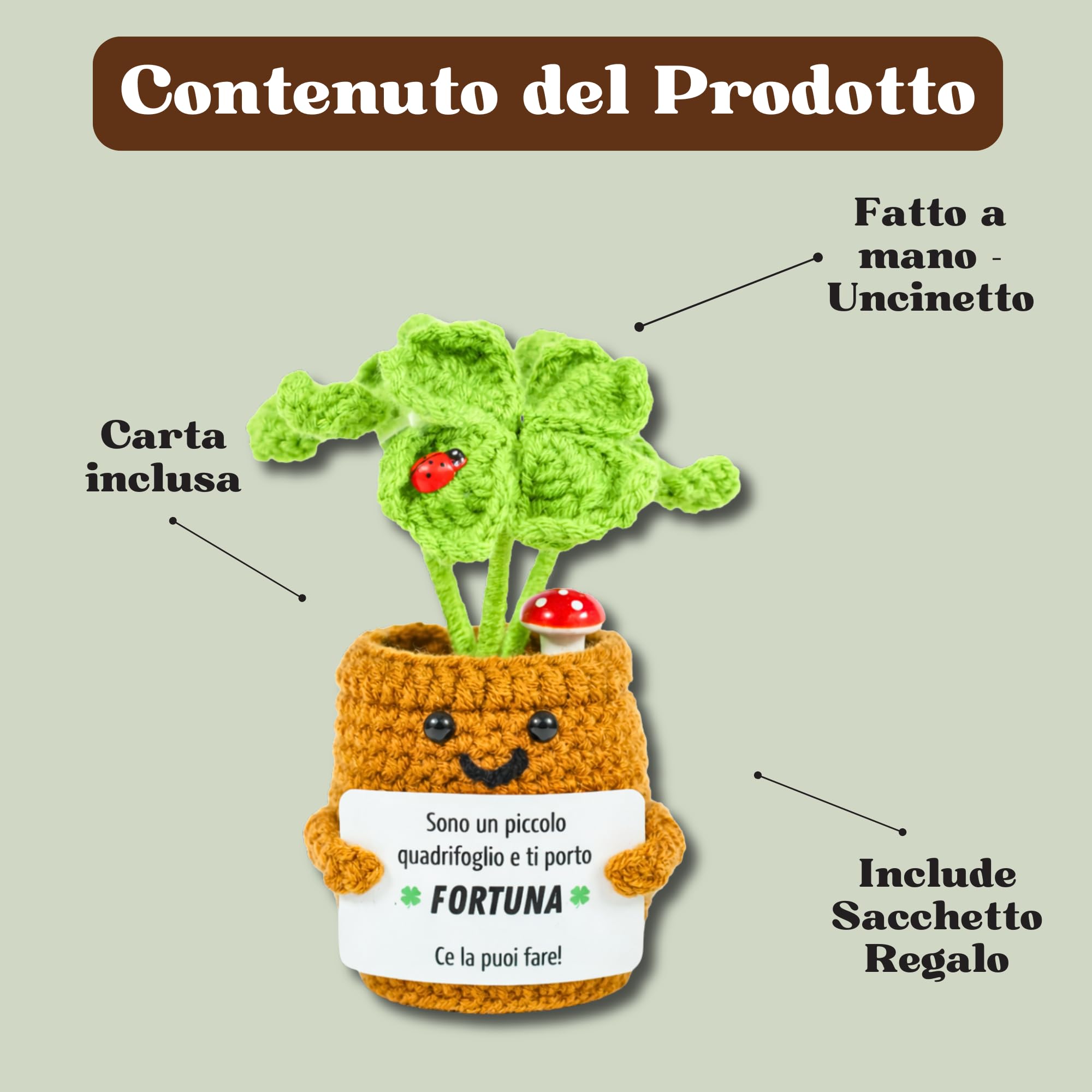 Quadrifoglio e Coccinella Uncinetto | Portafortuna da Regalare per Donna o Uomo, Idea Regalo Compleanno Amica, Collega o Fratello | Positive Peluche Motivazionale Porta Antistress Ufficio (Trifoglio)