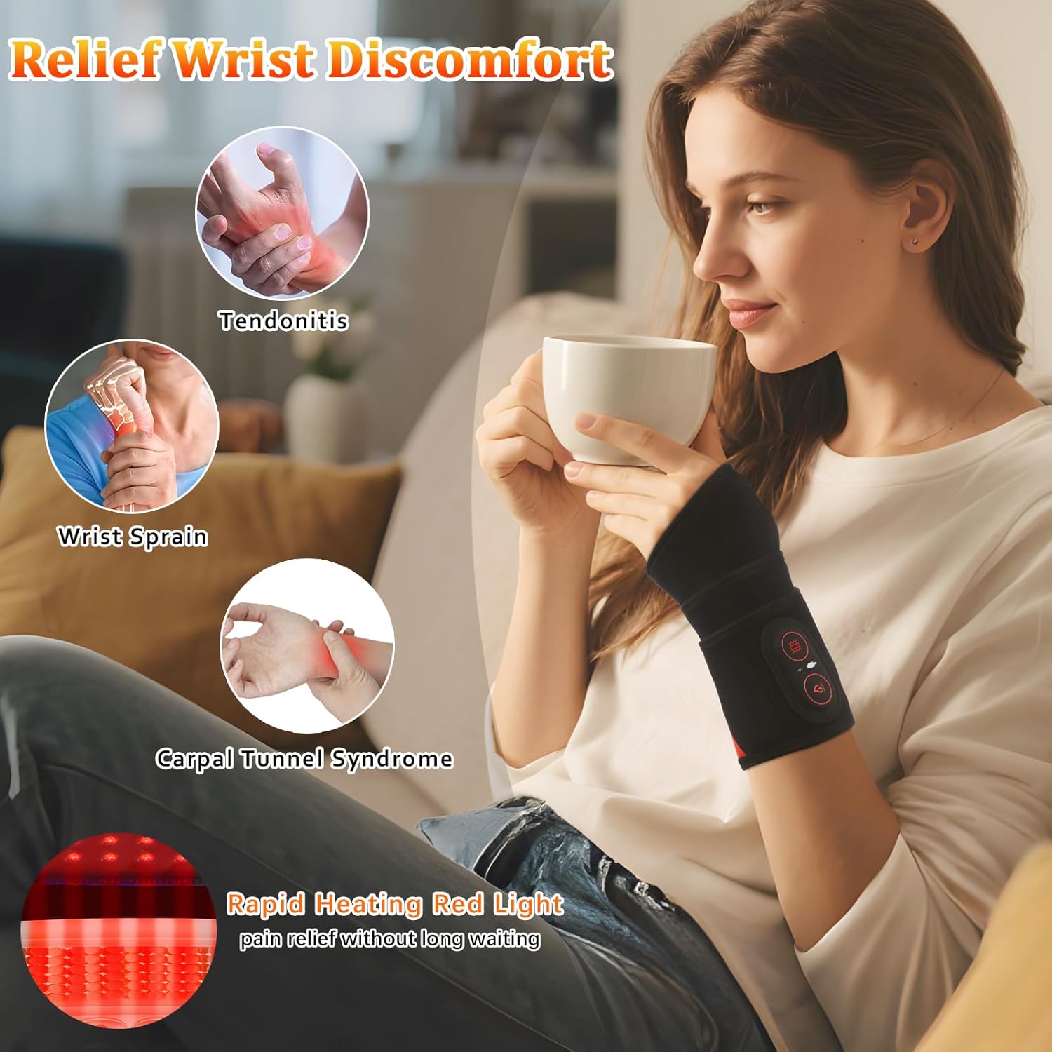 Cordless Wrist Heating Pad, Vibration Massage Heated Wrist Brace, Rechargeable Hand Heating Pad Wrist Wrap for Carpal Tunnel Relief, Left Right Hand Pain Relief for Women Men, 3 Heat Vibration Levels