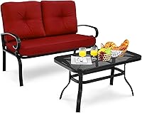Vista 15 de Giantex Sofá biplaza de patio de 2 piezas con mesa auxiliar, banco al aire libre con cojín y marco de metal, sofá de dos plazas para jardín, patio