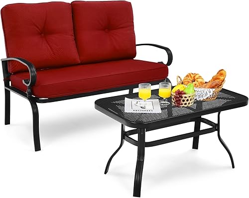 Giantex Sofá biplaza de patio con mesa auxiliar, banco al aire libre con cojín y marco de metal, sofá biplaza para jardín, patio, patio o piscina
