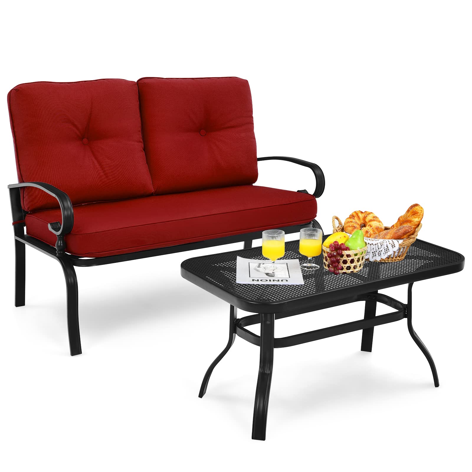 COSTWAY Outdoor Loveseat Bench, 2-Seater Garden Furniture Set with Coffee Table and Cushions, Metal Frame Patio Sofa Table Set for Balcony Backyard Lawn Poolside (Red)
