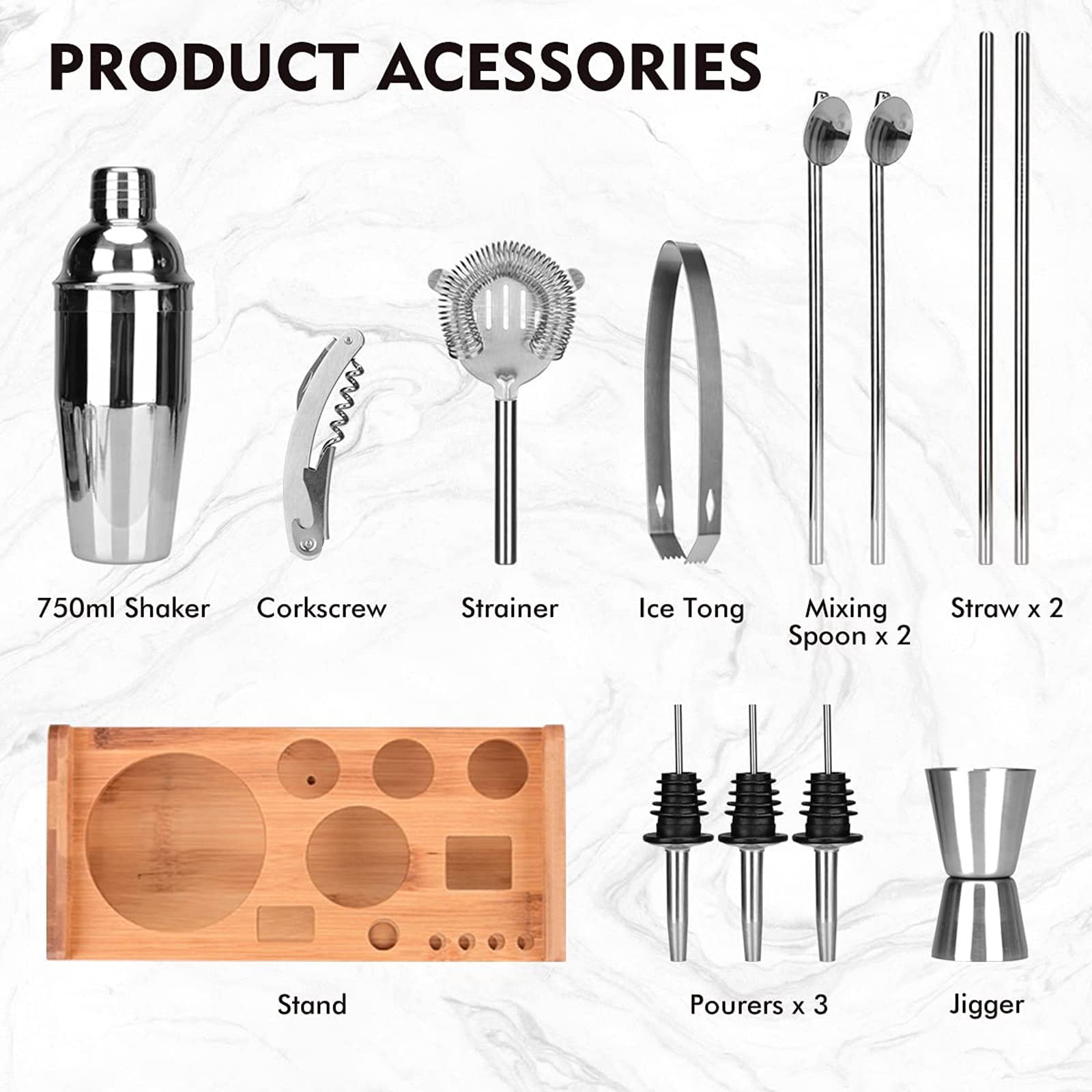 Lychee 12 Pezzi Shaker Cocktail Set Professionale,Premium Set di Accessori da Cocktails in Acciaio Inox,Kit da Barman,Perfetto per Party con Amici (750ML)