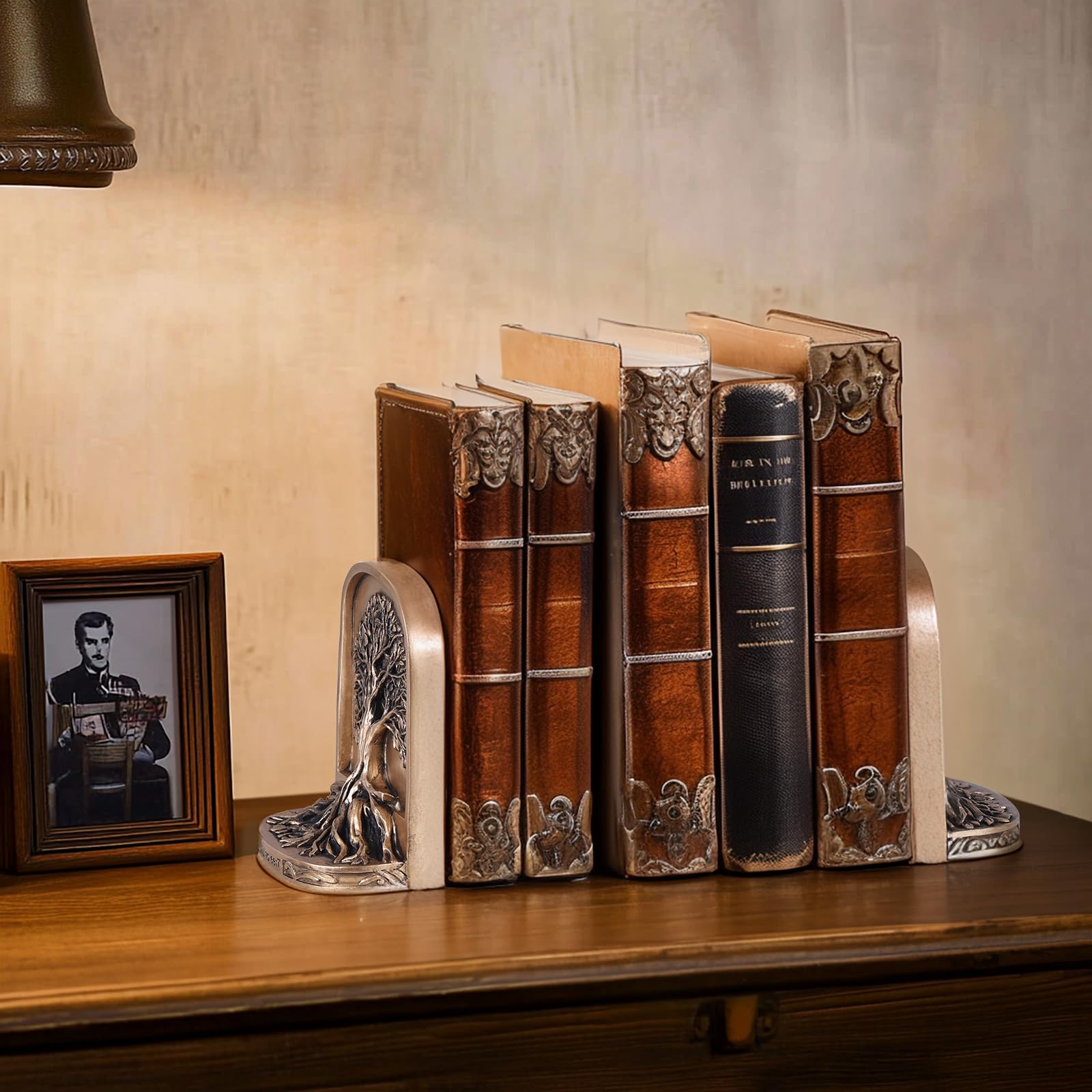 Set di 2 fermalibri decorativi con albero della vita, color bronzo antico, per scaffali o librerie, resistenti e antiscivolo, per mensole da scrivania, biblioteche e ufficio, regalo per la casa