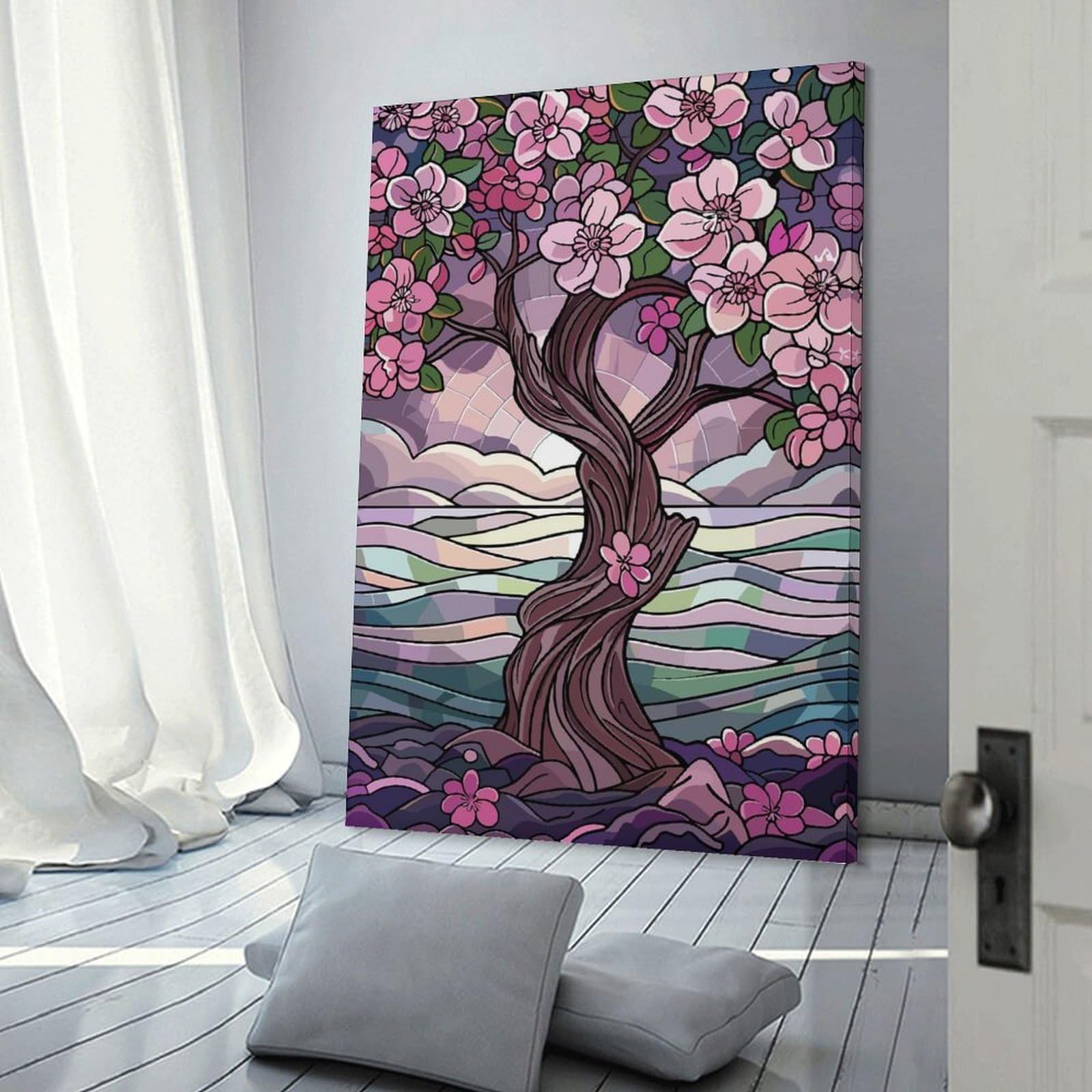 Junmoney Frame-Style-11 Stained Glass Cherry Blossom Tree Canvas Wall Decor 12X18inch(30X45cm), For Calm Bedrooms, Home Corners Or Flats, An Easy Wall Refresh For Bedrooms