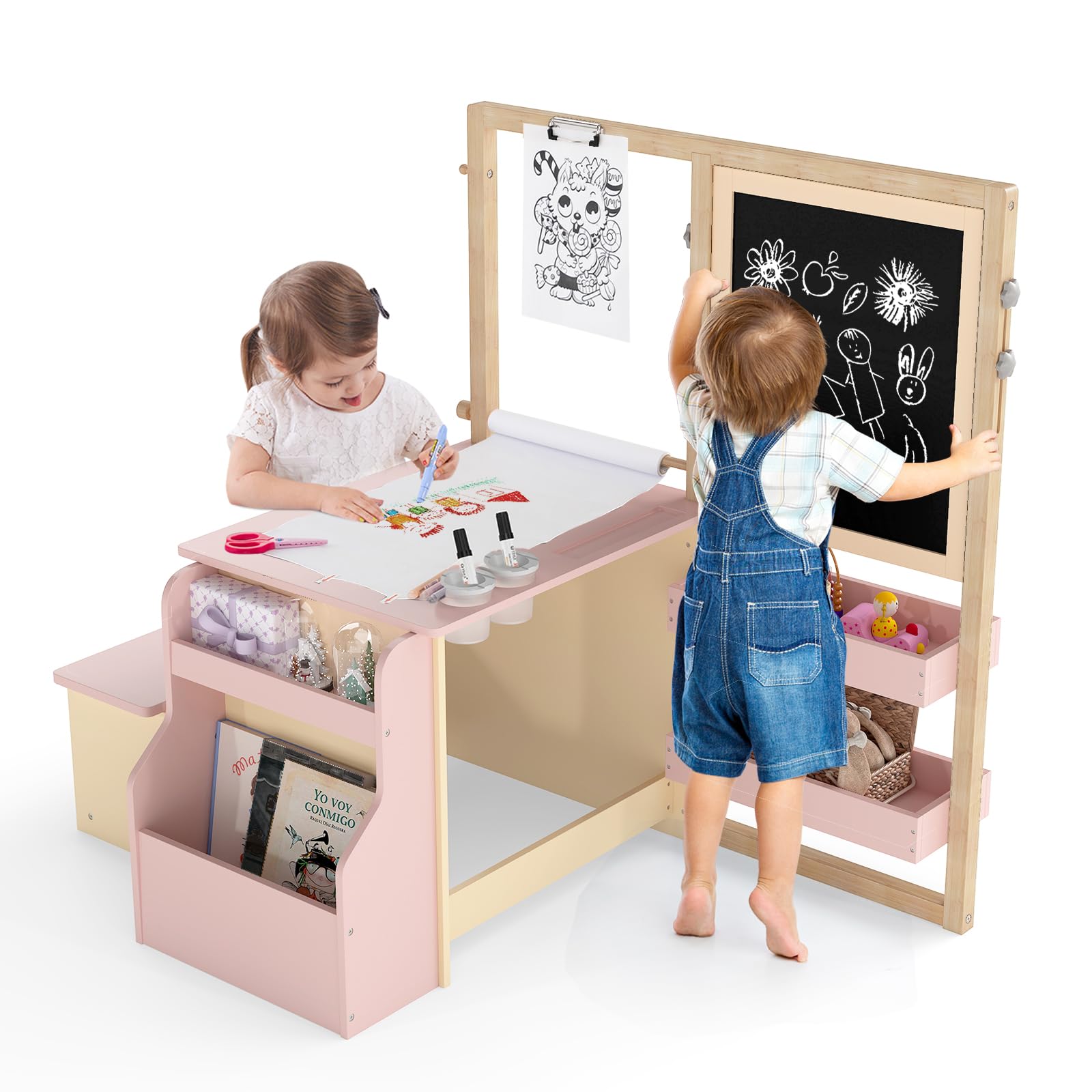 DREAMADE Table à Dessin en Bois avec Banc & Tableau Enfant 3+Ans, Bureau Enfant Double Face avec Table d’Art & Bibliothèque & Porte-Rouleau de Papier & Marqueur (Rose)