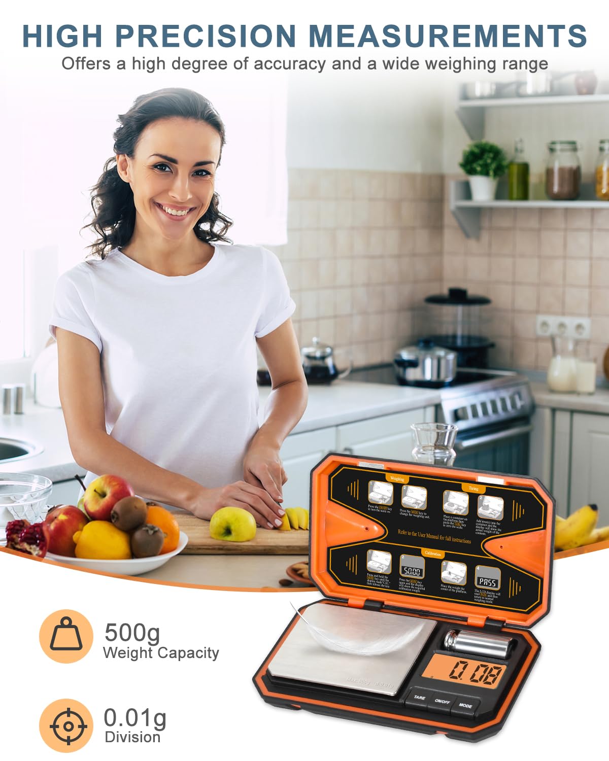 Báscula digital de bolsillo de 500 g, mini báscula digital de gramos con peso de calibración de 50 g