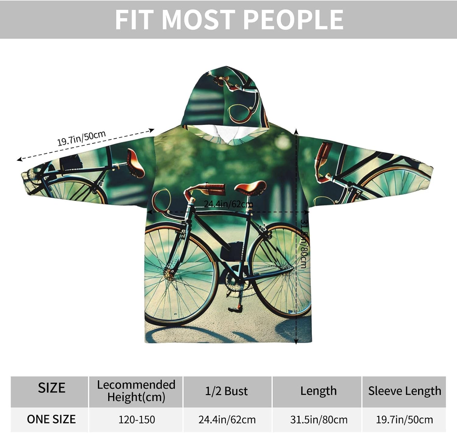 Retro Bicycle Print Oversized Blanket Hoodie, Wearable Blanket Hooded,Hooded Pullover With Pocket