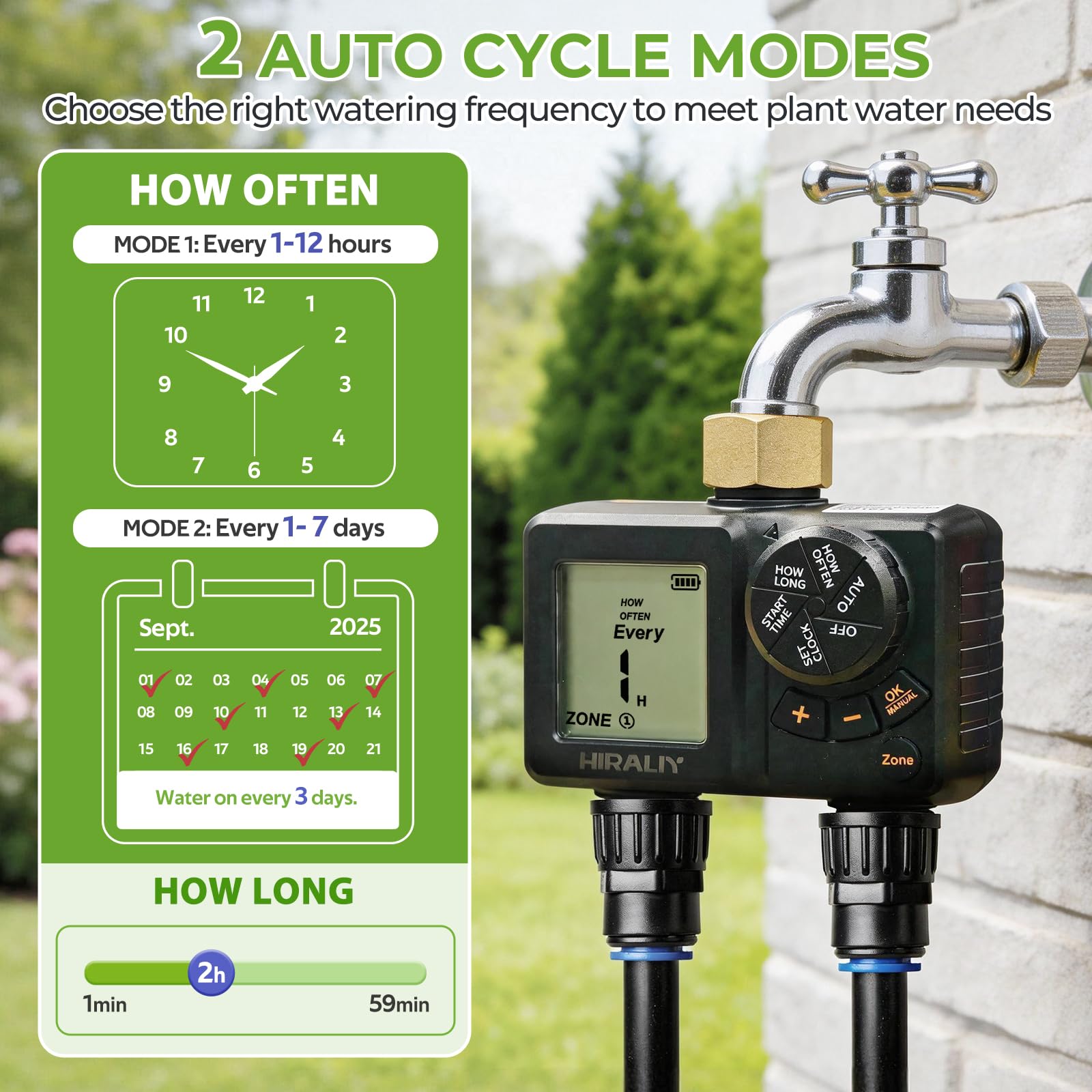 HIRALIY Kit di irrigazione a goccia da 2 m con timer per l'acqua da giardino a 2 zone, sistema di irrigazione automatico da giardino con gocciolatori a connessione rapida, kit timer di irrigazione