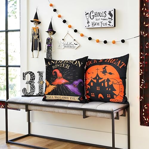 Miniatura 7 de Fundas de almohada de Halloween de 18 x 18 pulgadas, juego de 4 fundas de almohada de Hocus Pocus, Amuck y castillo, color negro, Sanderson Sisters