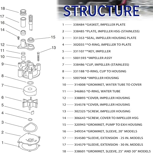 Miniatura 5 de 5001595 Kit de reparación de impulsor de bomba de agua con carcasa de repuesto para Johnson Evinrude V4 V6 V8 75-250HP Reemplazar 5001594 435929