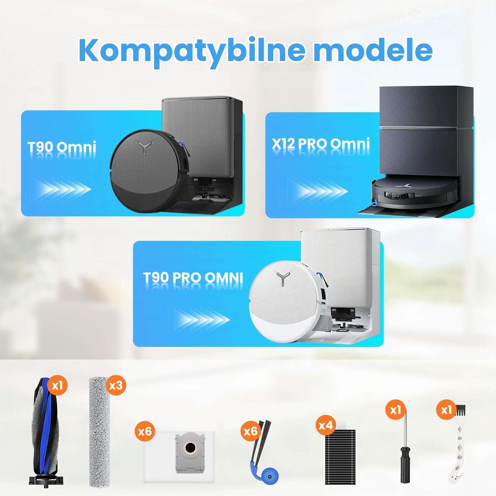 22 sztuki akcesoriów do robota odkurzającego Ecovacs Deebot T90 Omni / T90 PRO Omni / X12 PRO Omni, części zamienne z 1 główną szczotką, 6 workami do kurzu, 3 wałkami mopa, 4 filtry, 6 szczotek