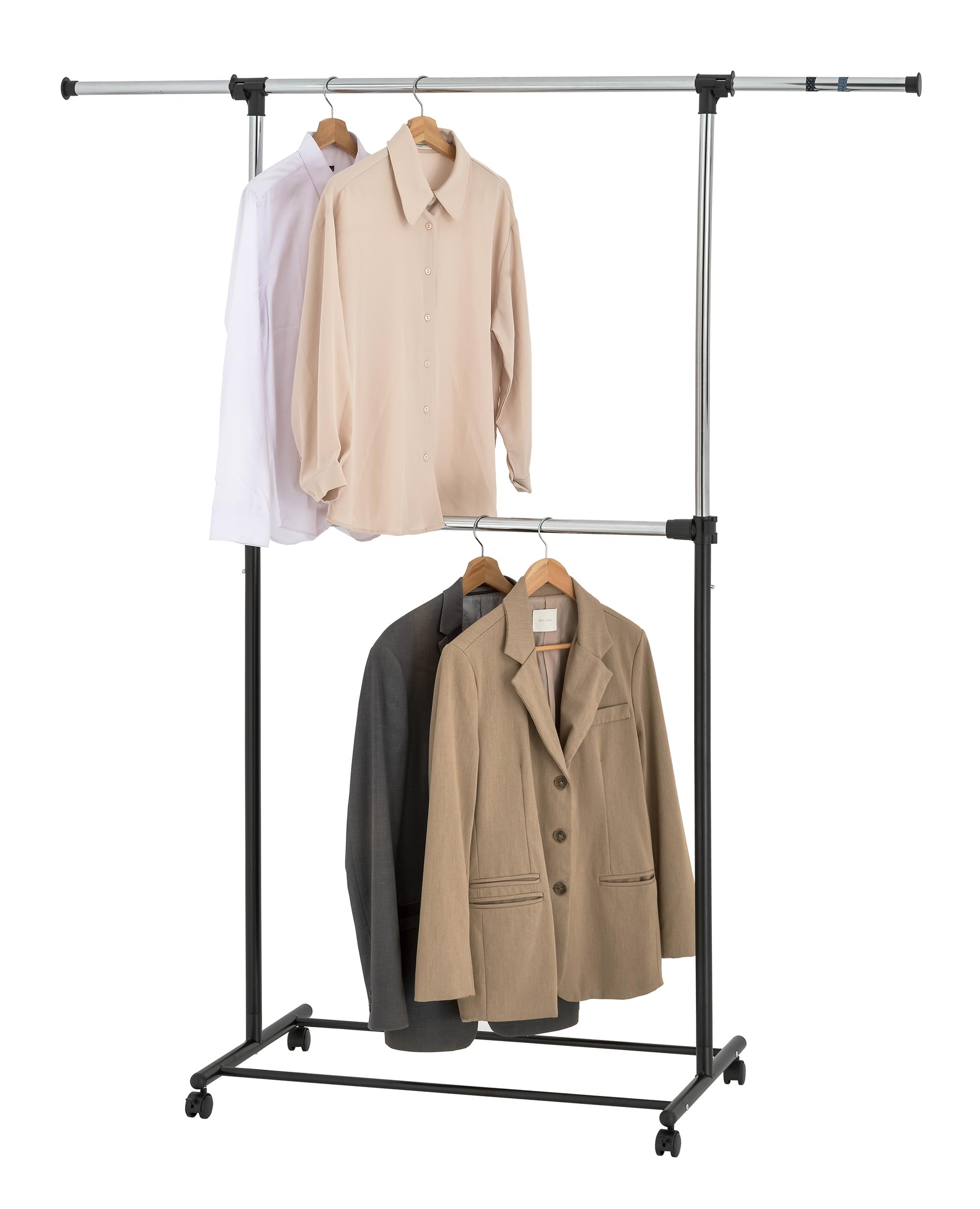 Heavy Duty Garment Rack Clothes Rack, Adjustable Clothing Rack Organizer, Single or Double Rail Hanging Rack with Optional Wheels & Shelves for Bedroom, Laundry, Closet & Retail Store (STYLE 2)