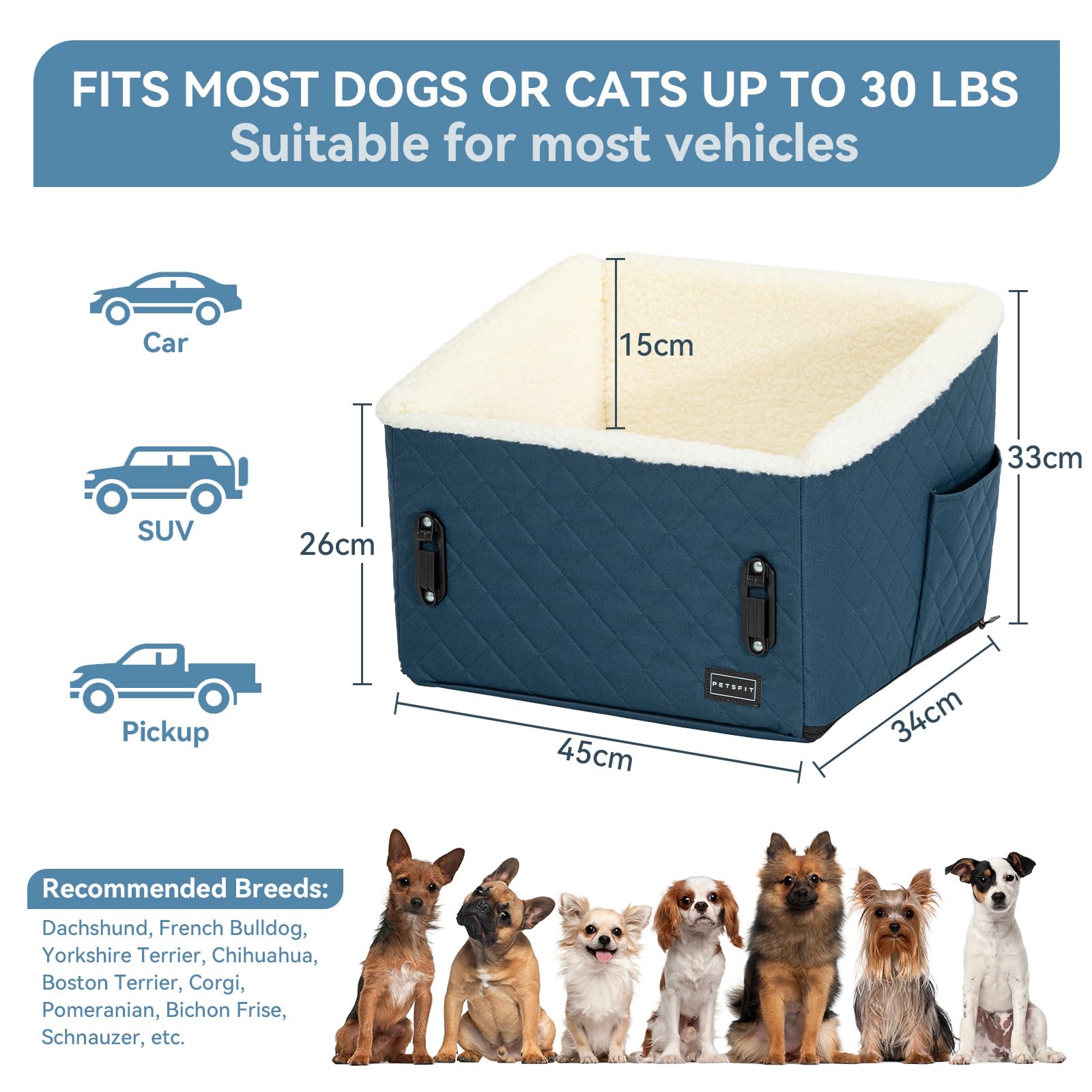 PETS FIT Asiento Perro y Coche Ajustable 12,5cm + Transportín Patente | Funda Lavable, Clip Seguridad | Cama Perro Coche para Mascotas hasta 12kg