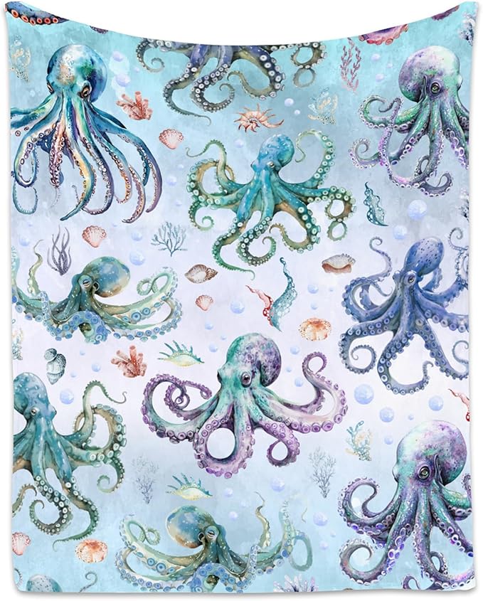 Octopus Blanket for Women, Cute Soft Gifts for Ocean Lovers, Cozy Flannel Throw for Bed Living Room, 60"x80"