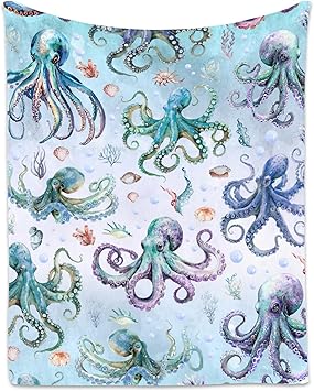 Octopus Blanket for Women, Cute Soft Gifts for Ocean Lovers, Cozy Flannel Throw for Bed Living Room, 60"x80"