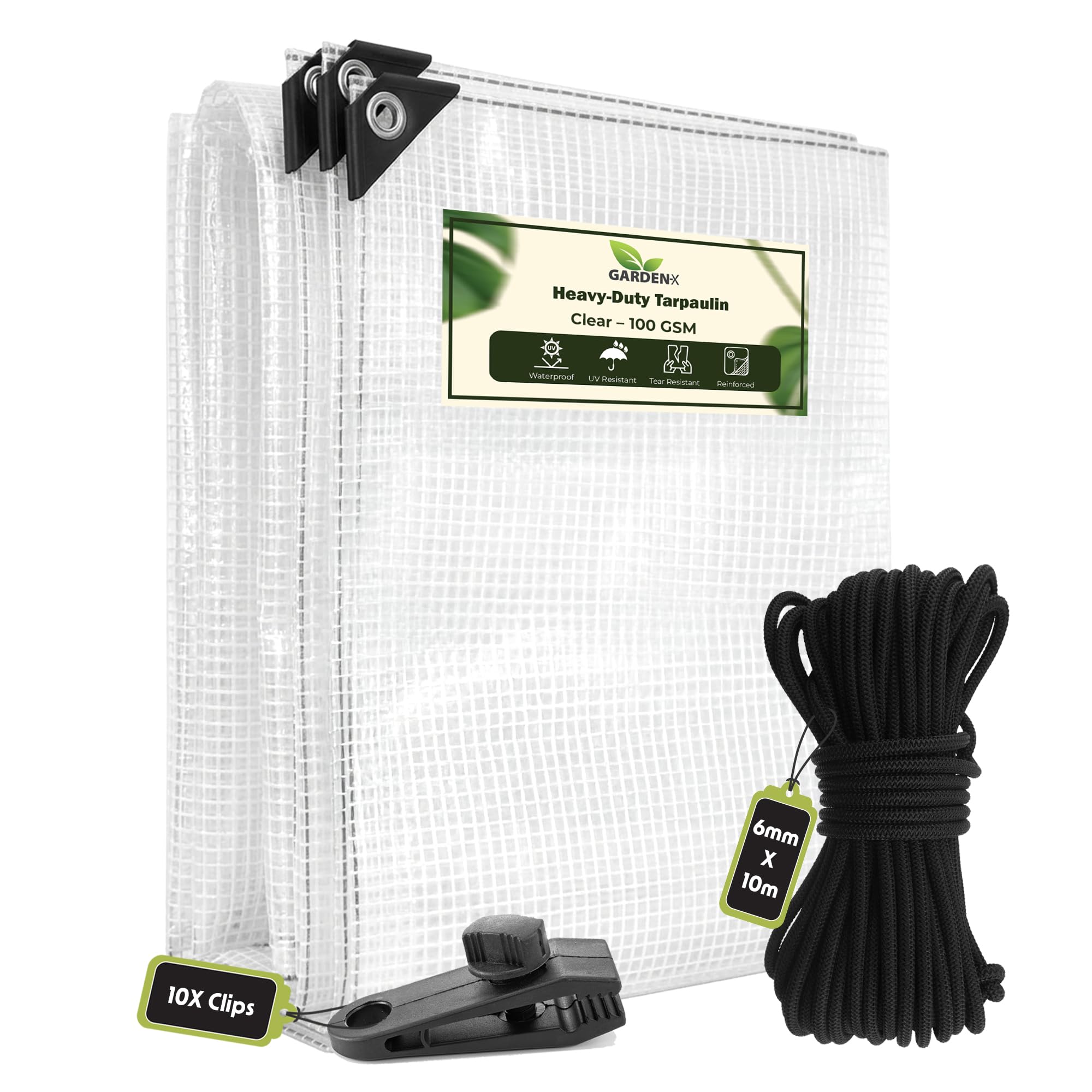 GARDENIX 2m x 4m Clear Heavy Duty 100gsm Tarpaulin Waterproof Transparent Tarp Sheet Cover with Mesh Support, Groundsheet Multipurpose Reinforced+10m of 6mm Bungee Rope +10x Screw Type Tarp Clips